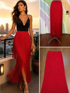 NO PISE LA GRAMA SOL Maxi Fringed Fringe Red Skirt Sz 6 🧡🎀